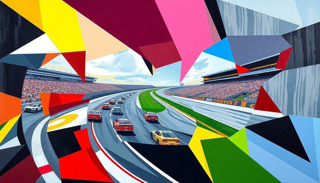 A vibrant, fragmented painting in the style of Pablo Picasso, depicting a NASCAR race at Bristol Motor Speedway through a series of overlapping geometric shapes and planes in bright colors, capturing the energy and intensity of the event.