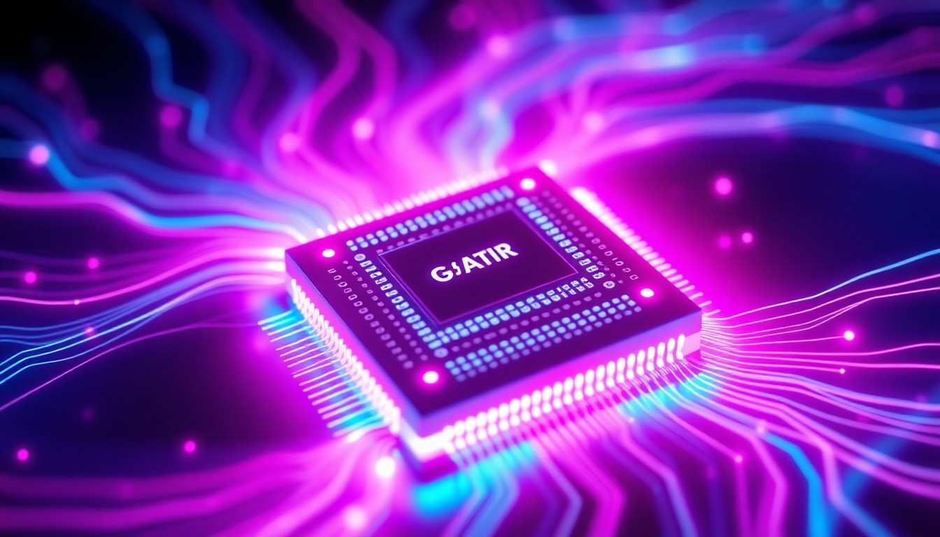 A highly detailed, glowing 3D macro illustration of a memristor chip with a graphene substrate, illuminated by neon cyan and magenta lights. The chip is surrounded by a swirling energy field, representing the advanced computing power and thermal resilience of this new memory architecture.