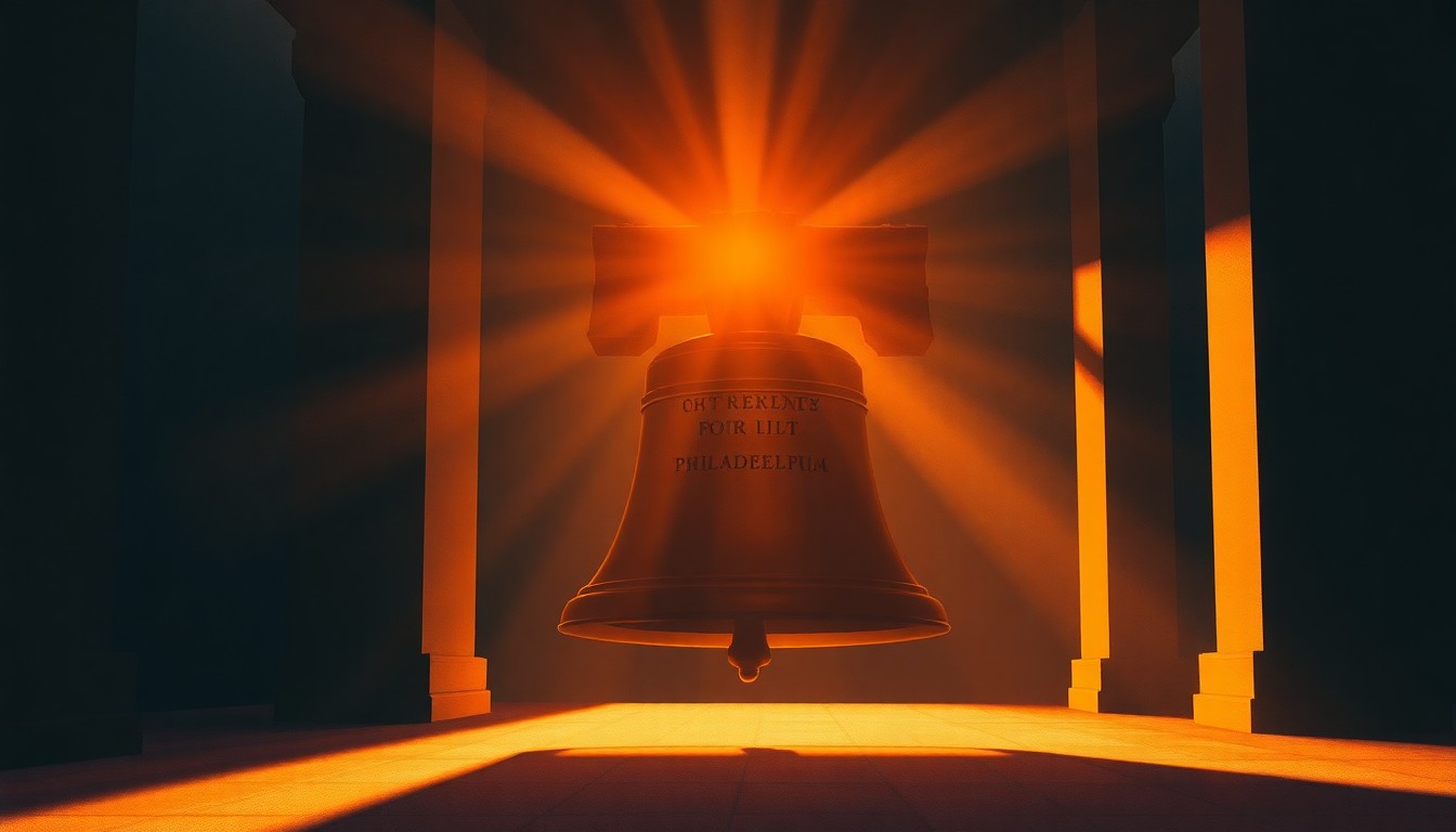 A serene, nostalgic painting of the Liberty Bell in Philadelphia, with warm sunlight casting deep shadows across the iconic landmark.