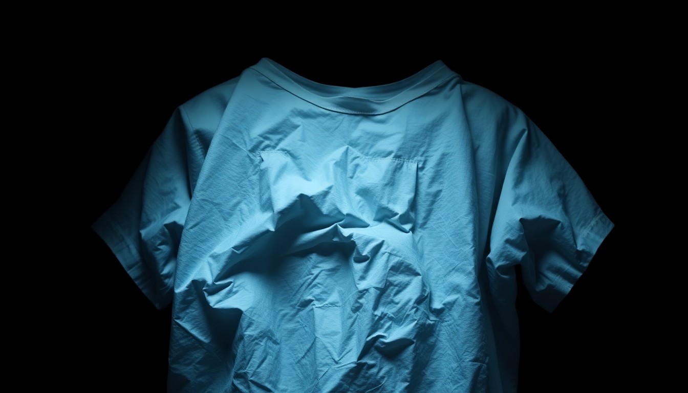 An extreme close-up photograph of a heavily creased and wrinkled hospital gown, the fabric shimmering under dramatic studio lighting, conveying the emotional weight and personal toll of a high-stress medical career.
