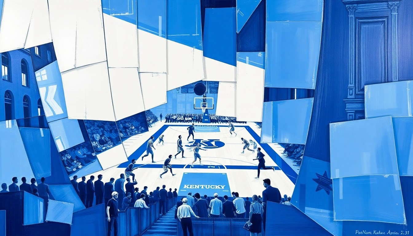 A cubist-style painting featuring sharp, overlapping geometric shapes in shades of blue and white, representing the dynamic action of a basketball game.