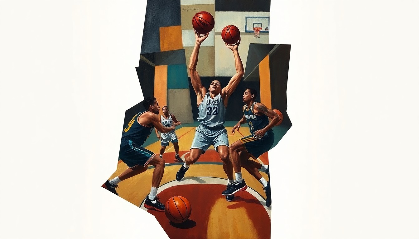 A cubist, fragmented painting depicting a basketball game, with the players, court, and ball broken down into sharp, overlapping geometric shapes and planes in a multi-perspective composition.