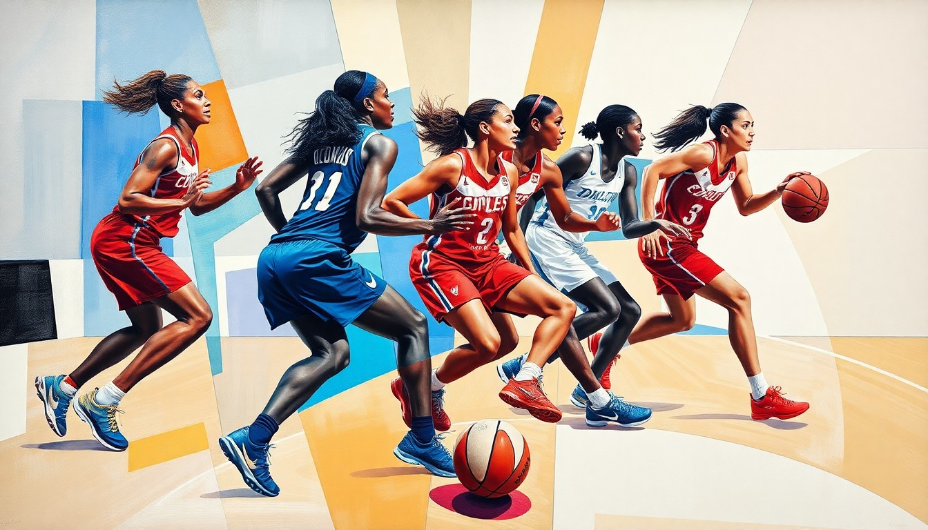 A cubist, geometric painting depicting the abstracted forms of basketball players in motion, with the court and ball also deconstructed into sharp, overlapping planes of color, capturing the dynamic energy of a WNBA game.