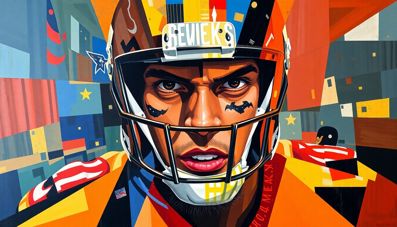 A cubist-style painting depicting a football player's leg in sharp, fragmented geometric shapes, representing the complex and uncertain path to recovery from a severe injury.