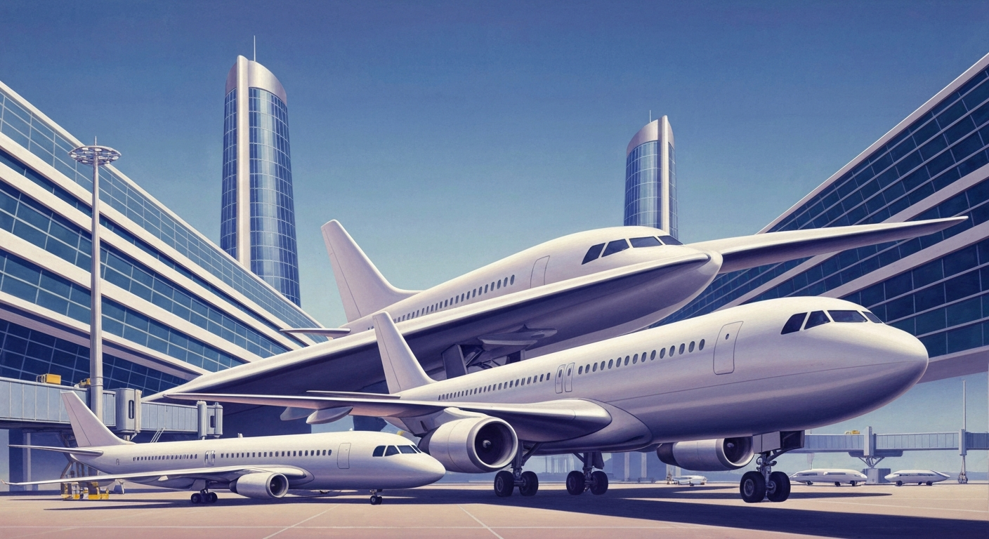 A highly stylized, geometric illustration depicting the grand scale and streamlined forms of air travel, with sweeping gradients and towering perspectives, capturing the celebratory mood of American Airlines' 100th anniversary.