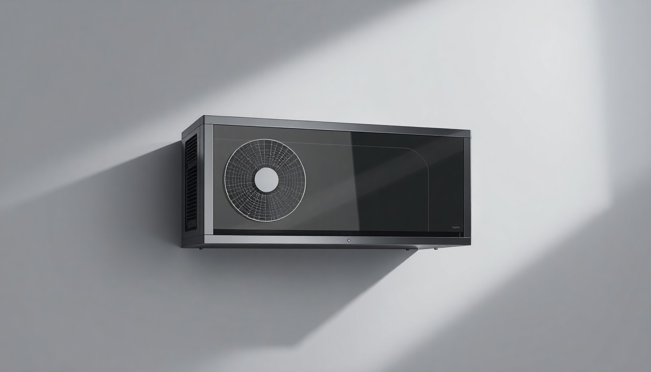 A photorealistic studio still-life photograph of a sleek, modern HVAC unit made of polished metal and glass, floating on a clean, monochromatic background and bathed in dramatic studio lighting, conceptually representing the infrastructure and efficiency of a major commercial building upgrade.