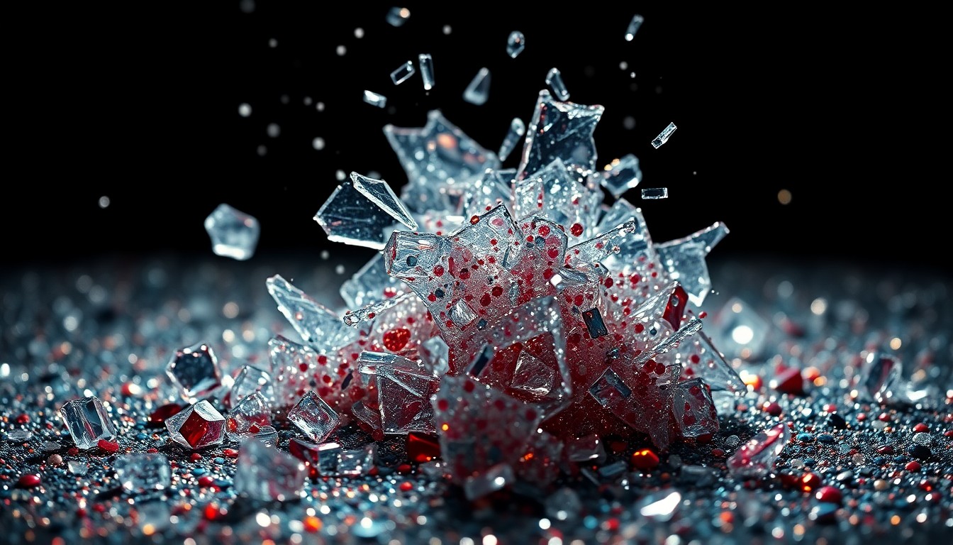 An abstract close-up image of shattered glass and sparkling sequins, captured in dramatic high-contrast lighting to evoke the glamour and drama of a reality TV comeback story.