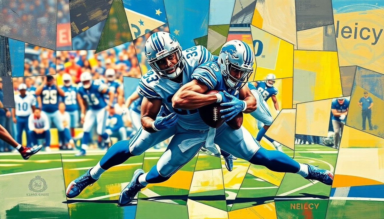 A cubist, geometric painting depicting a Detroit Lions safety making a tackle, with the player's body broken down into sharp, overlapping planes of color.