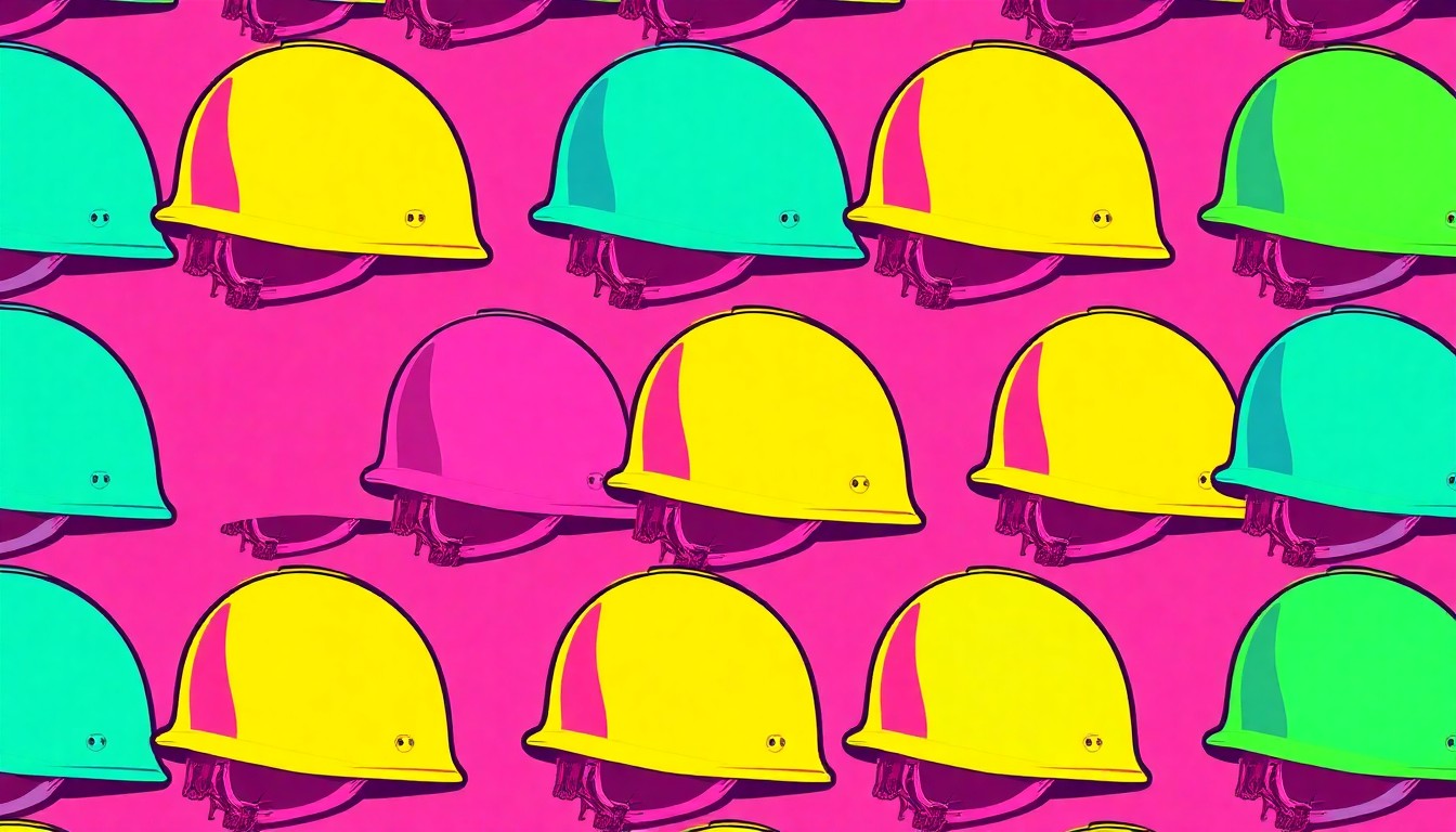 A bold, colorful silkscreen print featuring a repeating pattern of a military helmet in vibrant neon hues, conceptually representing the enduring psychological scars of combat.