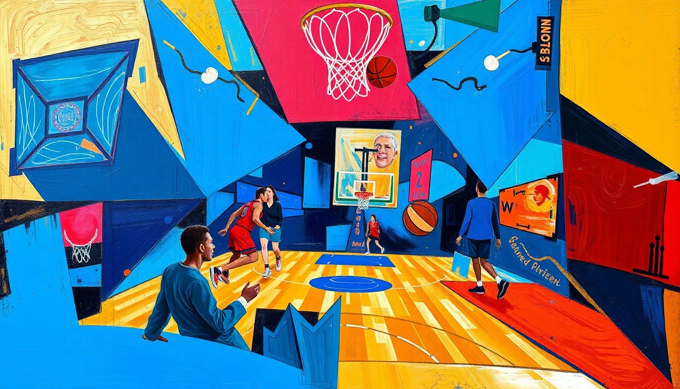 A cubist-style painting depicting a fragmented, multi-angled view of a WNBA basketball game, with sharp geometric shapes in a bold color palette representing the strategic complexity of an expansion team's roster construction.