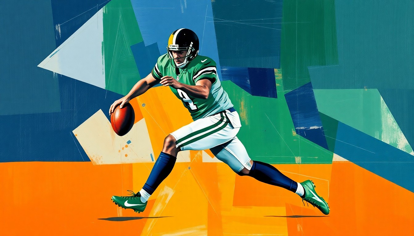 A fragmented, cubist-style painting depicting a football player in mid-motion, their form broken down into sharp, overlapping geometric shapes in a palette of navy, green, and orange, conveying the chaotic, multifaceted nature of professional football.