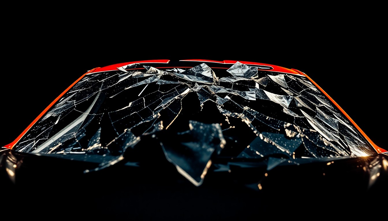 An extreme macro photograph of a crumpled, shattered race car windshield, capturing the intense energy and danger of NASCAR racing through dramatic high-contrast lighting and abstract textures.
