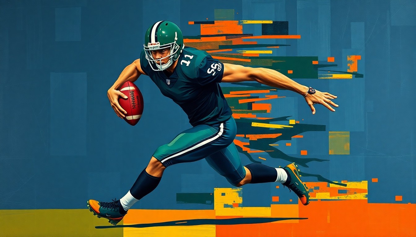 A fragmented, geometric painting depicting a football player in motion, their body broken down into sharp, overlapping shapes in a palette of navy, green, and orange, conveying the conceptual idea of a player unlocking new offensive potential.