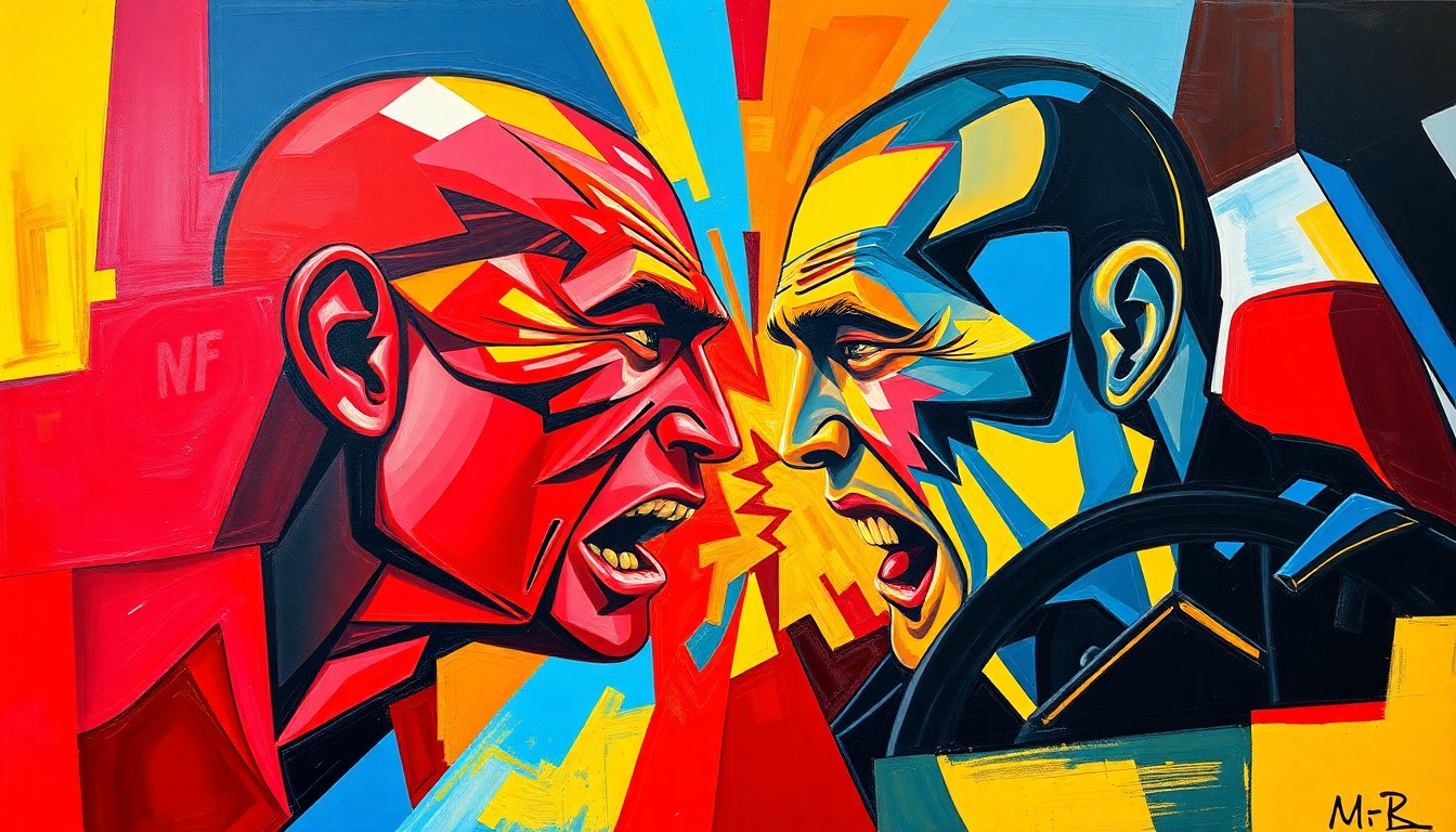 A fractured, geometric painting in vibrant colors of red, blue, and yellow, depicting the chaotic energy of a road rage incident through overlapping planes and fragmented perspectives, without any identifiable individuals or text.