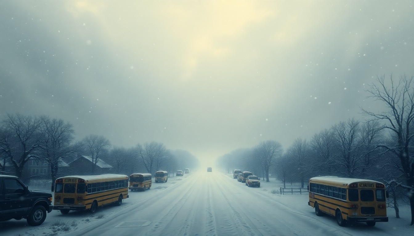 A vast, atmospheric landscape painting in muted tones of gray and blue, with a heavy snowstorm obscuring the details of school buildings and buses in the distance, conveying the overwhelming scale and power of the natural world.