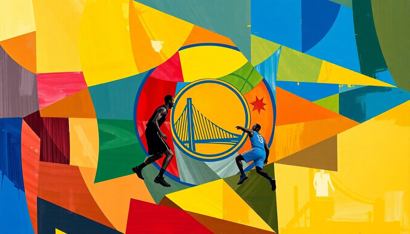 A cubist, geometric painting depicting a fragmented basketball court scene, with sharp, overlapping shapes in the Warriors' blue and gold colors, as well as their opponents' colors, conceptually representing the team's fractured identity and inability to function cohesively without their leader.