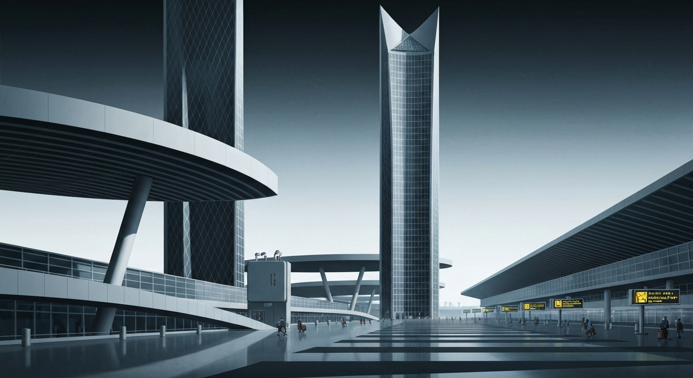 A bold, geometric illustration in shades of grey and blue, depicting the towering, streamlined forms of a modern airport terminal, conveying the grand scale and disruption of global travel caused by the Middle East conflict.