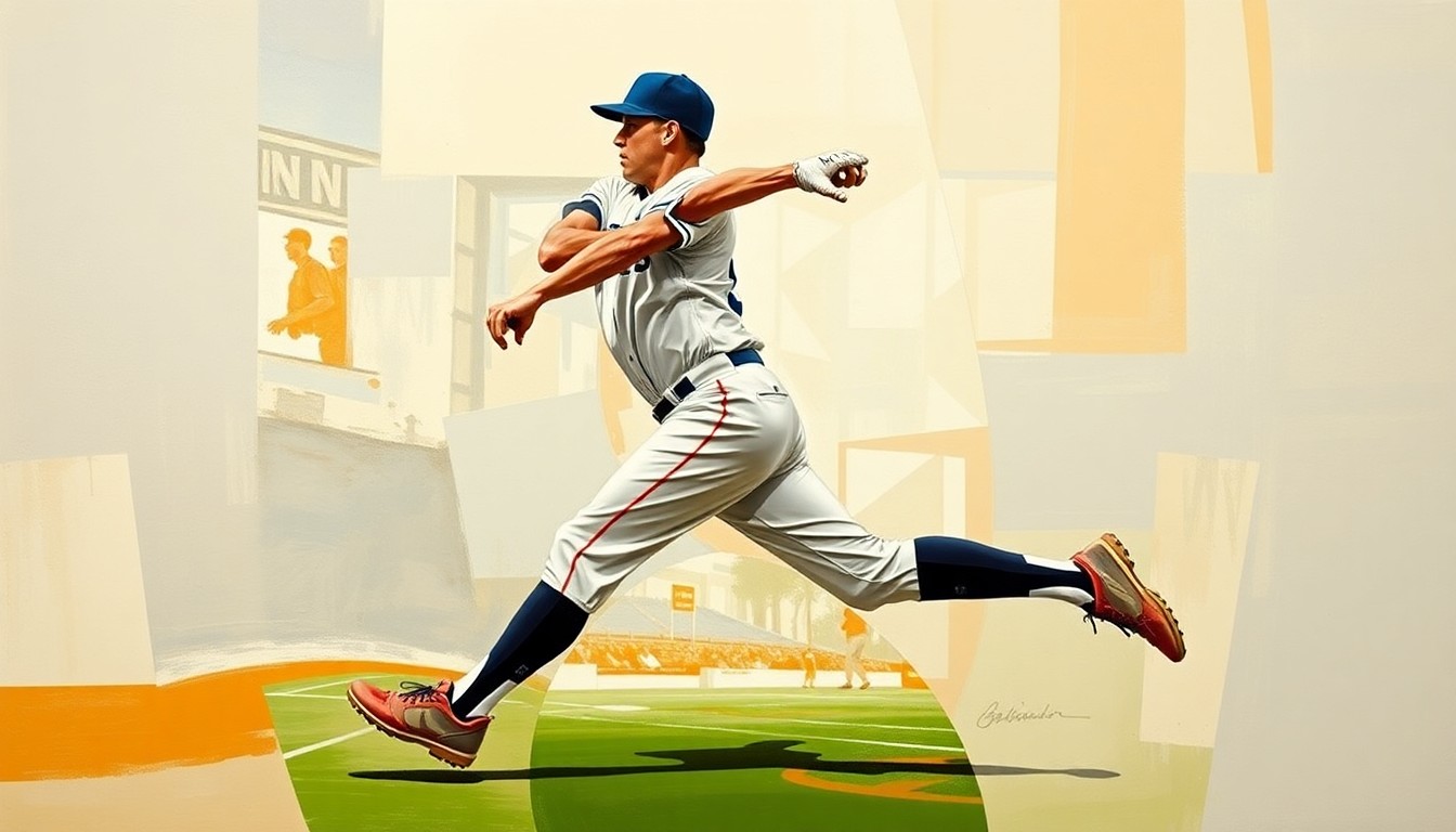 A fragmented, geometric painting depicting a baseball player in motion, with sharp, overlapping planes of color and form that convey the raw energy and unpredictability of the game.