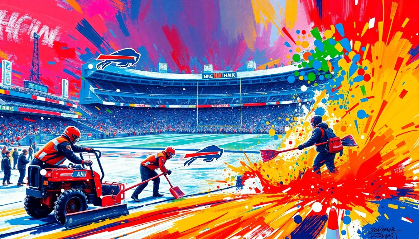An abstract expressionist painting in neon colors depicting the frenetic motion of a snow shoveling crew clearing the field at a football stadium, with the architecture and branding dissolving into energetic brushstrokes.