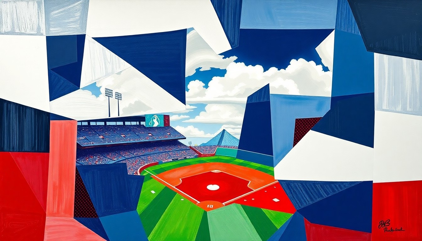 A cubist, geometric painting depicting a Red Sox baseball game, with sharp, overlapping planes of red, white, and navy blue representing the dynamic action on the field.