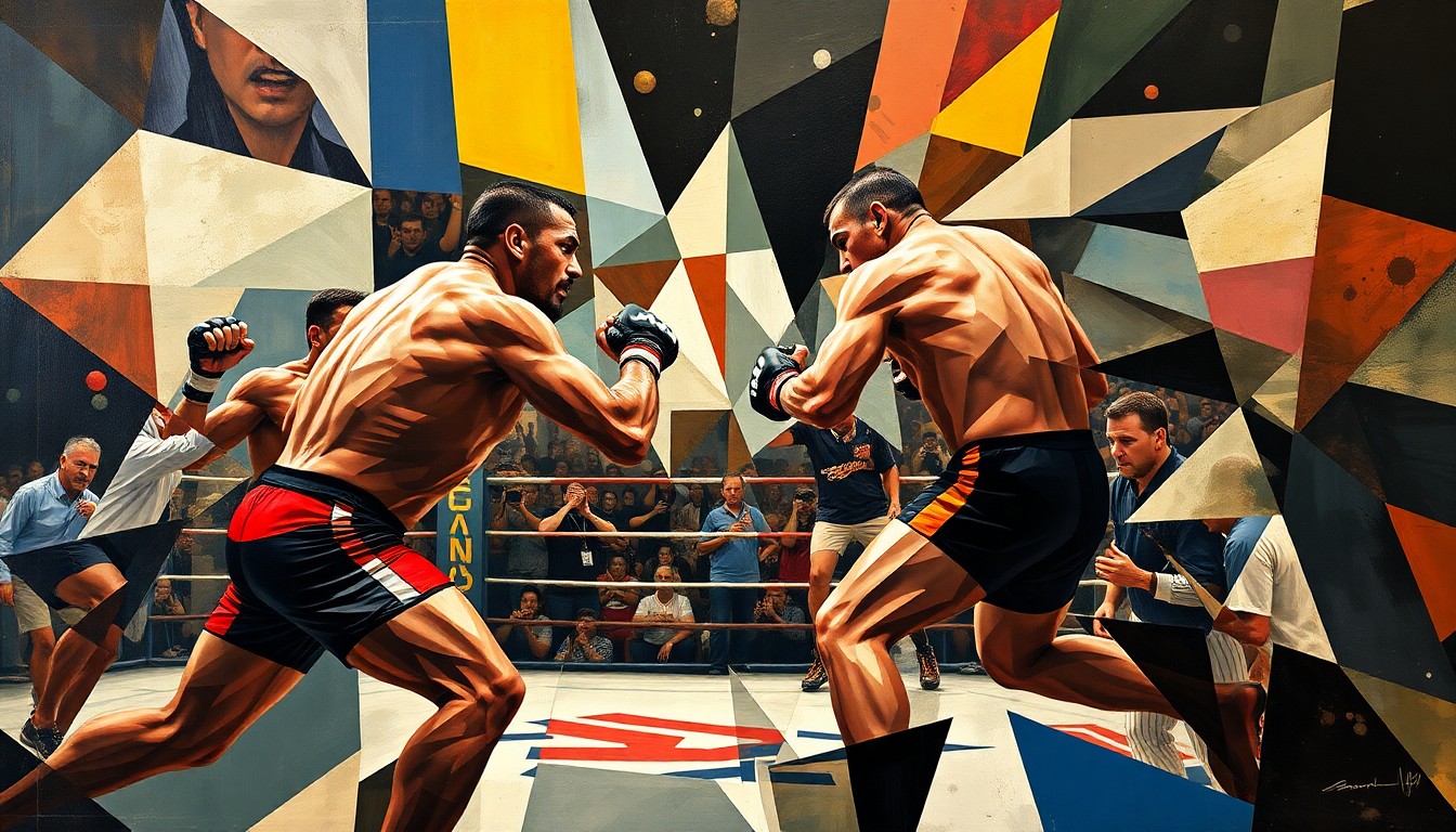 A cubist, geometric painting depicting the chaotic movements and energy of a UFC fight, with the fighters' bodies broken down into abstract shapes and planes.