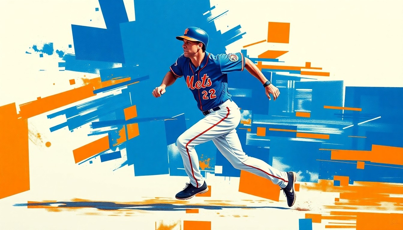 A fragmented, geometric painting depicting a baseball player in motion, broken down into sharp, overlapping planes of vibrant blue, orange, and white colors, conceptually representing the delicate nature of a star athlete's injury.