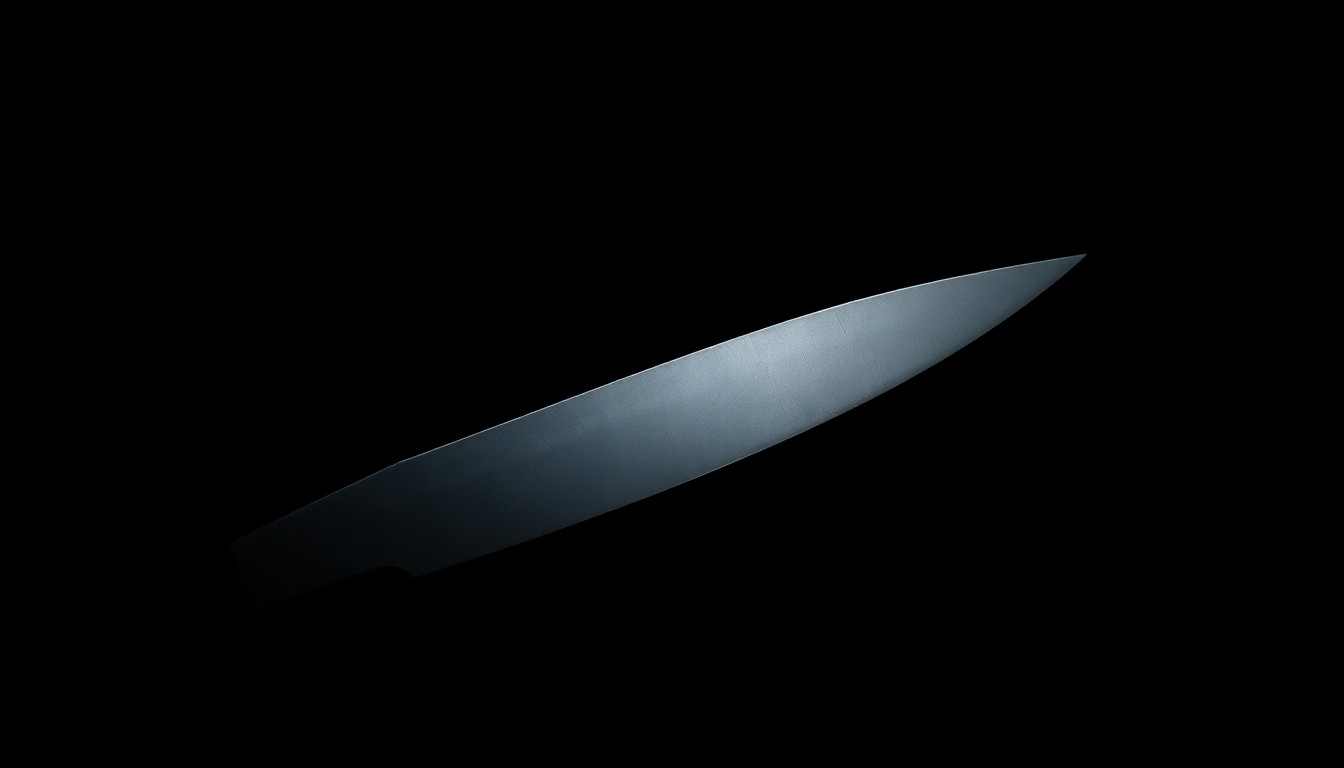 An extreme close-up photograph of a machete blade against a pitch-black background, capturing the weapon's sharp edges and metallic texture in a stark, gritty, and investigative aesthetic.