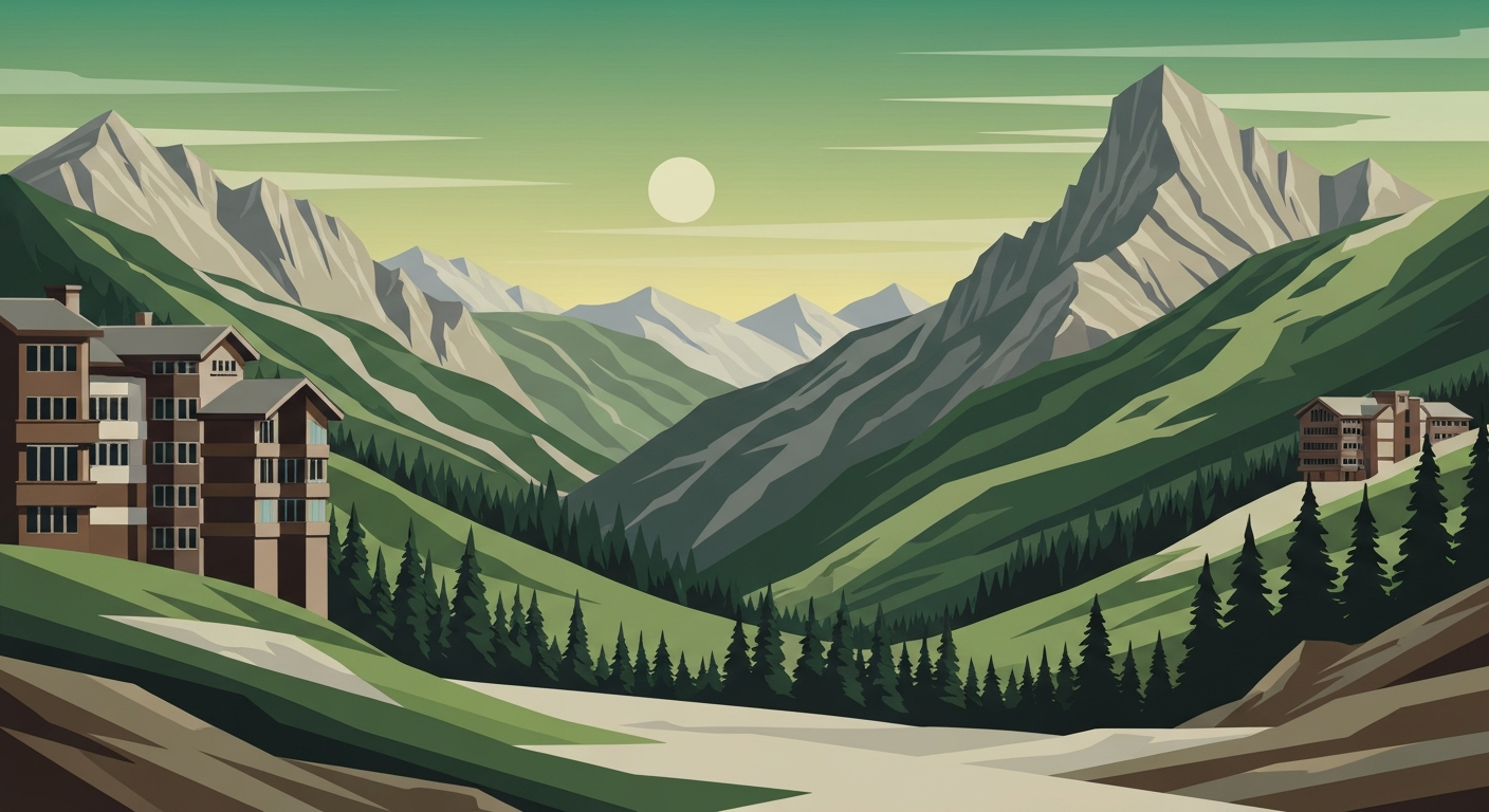 A highly stylized, geometric landscape illustration depicting the sweeping mountains and ski resort architecture of Ogden Valley, rendered in earthy tones and smooth gradients to capture the grand scale and monumental nature of the proposed development.