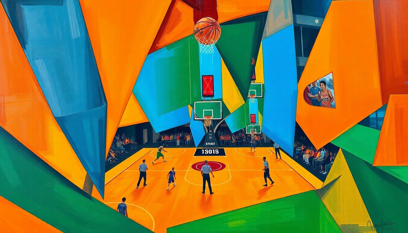 A cubist, geometric painting depicting a basketball game, with overlapping planes of color and shape representing the dynamic action on the court.