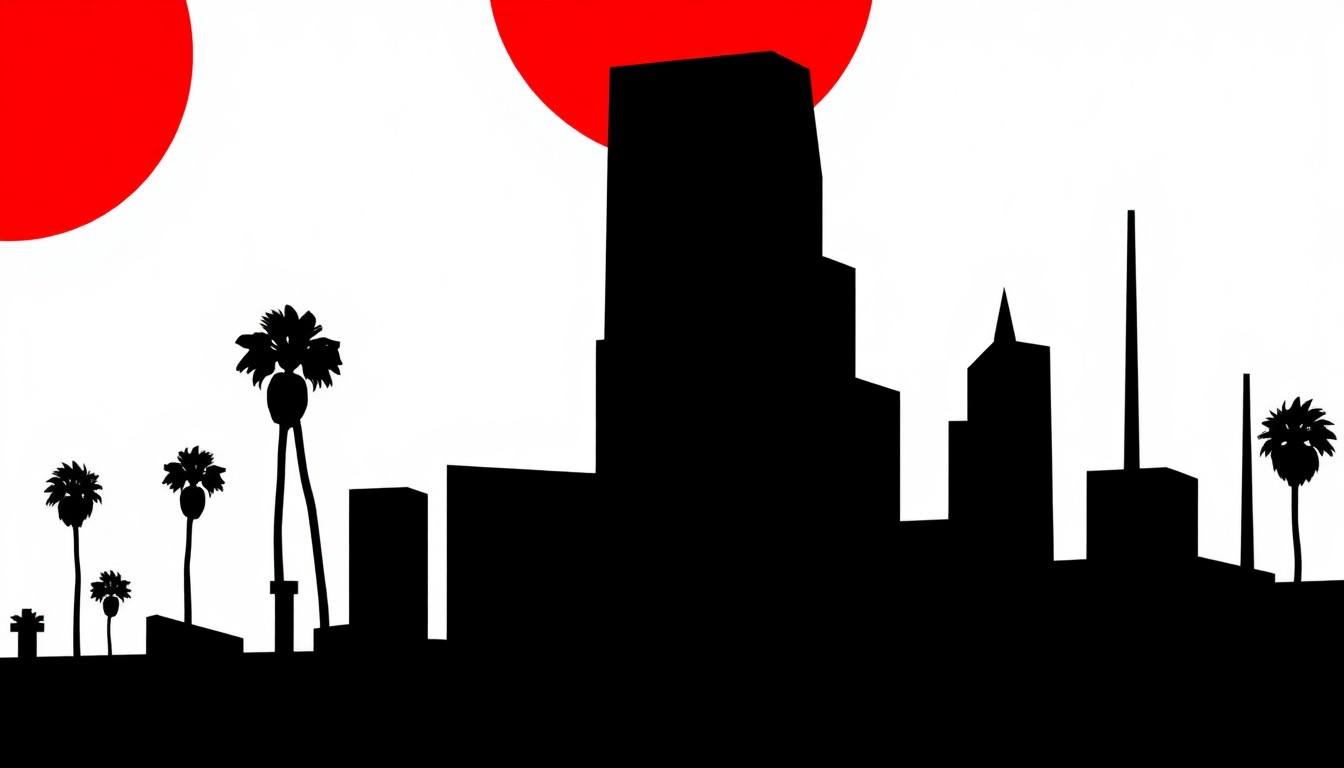 A bold, abstract composition of jagged geometric shapes and stark black silhouettes, conceptually representing the satirical tone and meta-humor of the short-lived sitcom 