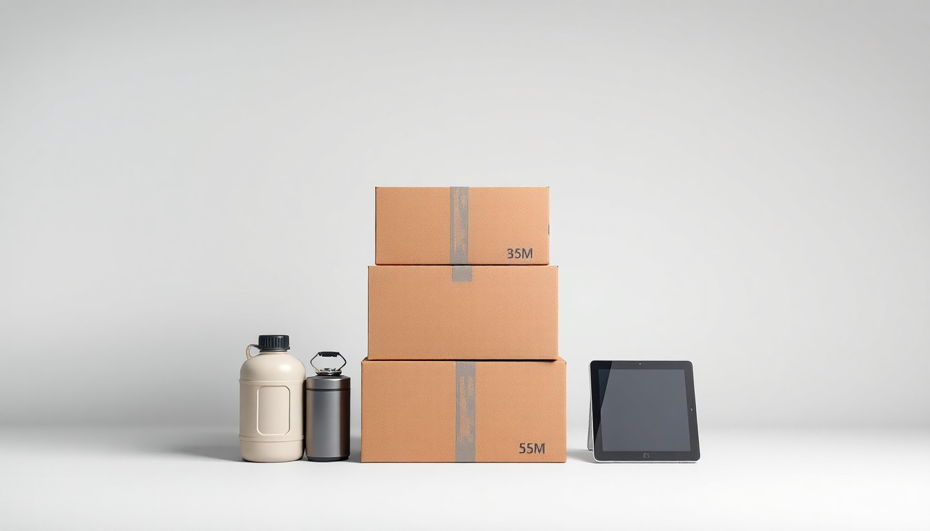 A photorealistic studio still-life image featuring a stack of shipping boxes, a fuel canister, and a tablet device arranged on a clean, monochromatic background, symbolizing the challenges and complexities of modern business logistics.