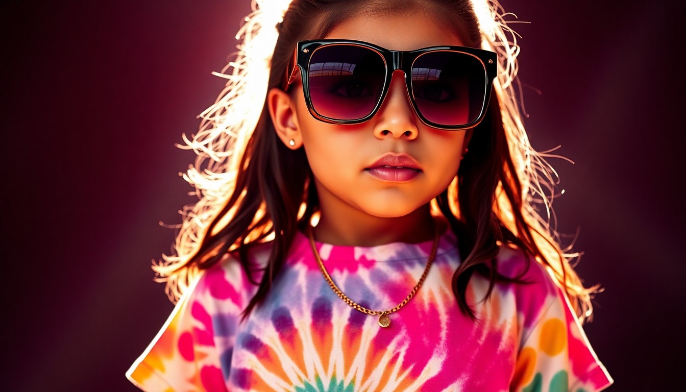 An extreme close-up photograph of North West's casual festival attire, including a vibrant tie-dye t-shirt and oversized sunglasses, captured in dramatic, high-contrast studio lighting to create a glitzy, high-fashion aesthetic.