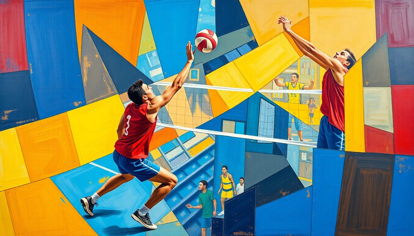 A fractured, cubist-style painting depicting the dynamic action of a men's volleyball match, with players and the ball broken down into sharp, overlapping geometric shapes in a vibrant color palette.