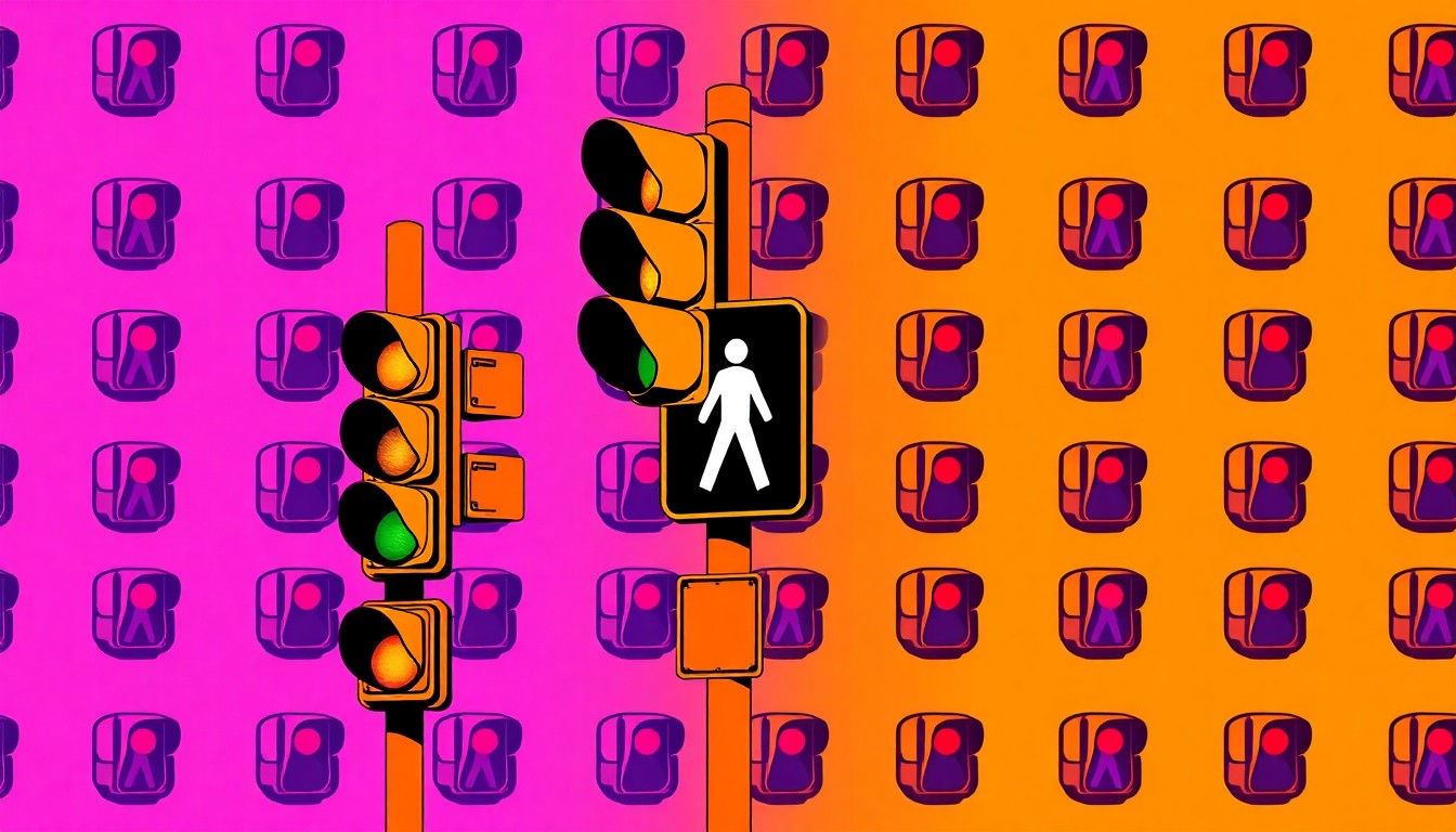 A boldly colored, abstract grid of stylized crosswalk and pedestrian crossing signs, conceptually representing efforts to improve street safety infrastructure.