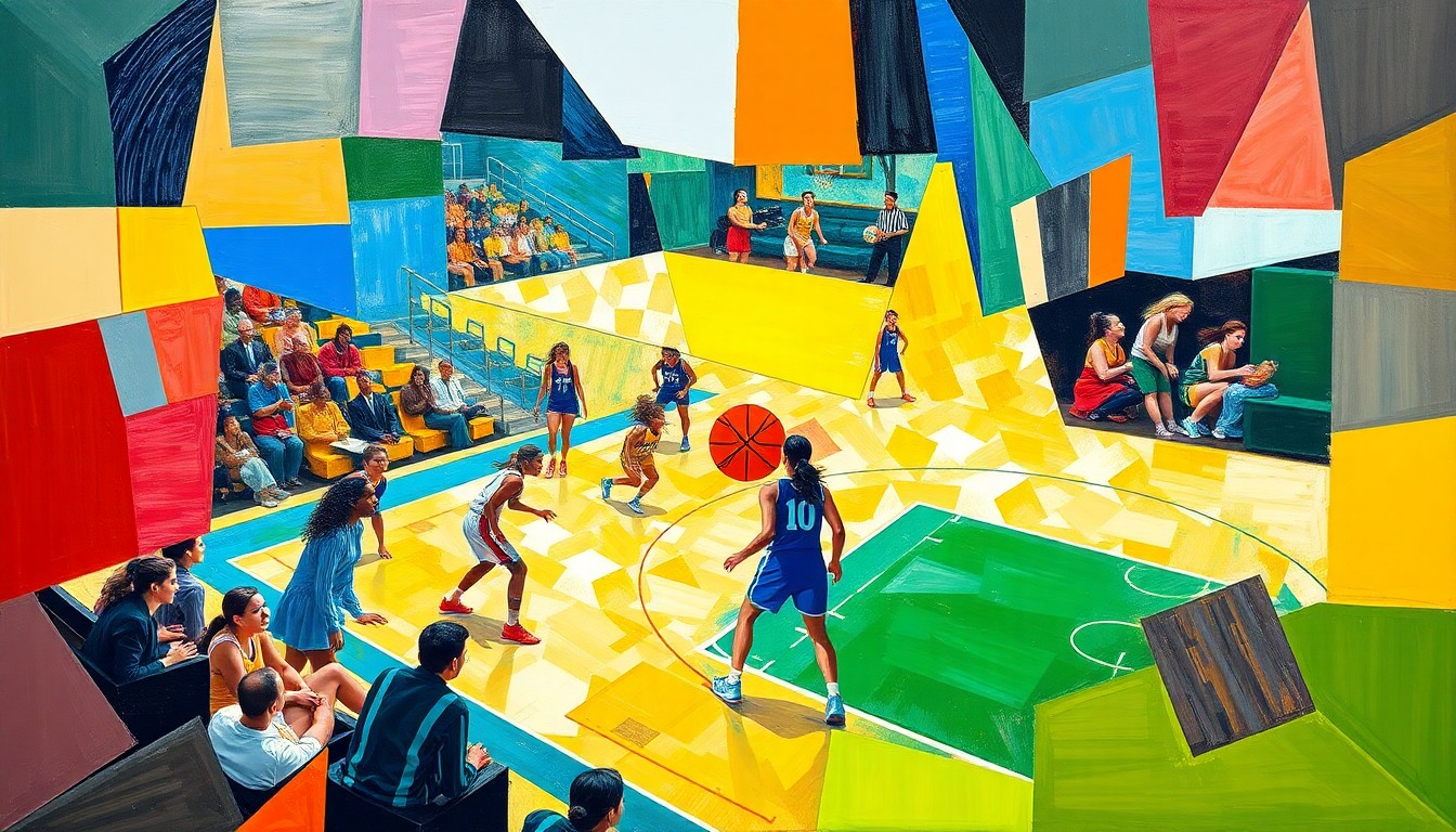 A fragmented, geometric painting in vibrant colors depicting the action and energy of a women's basketball game.