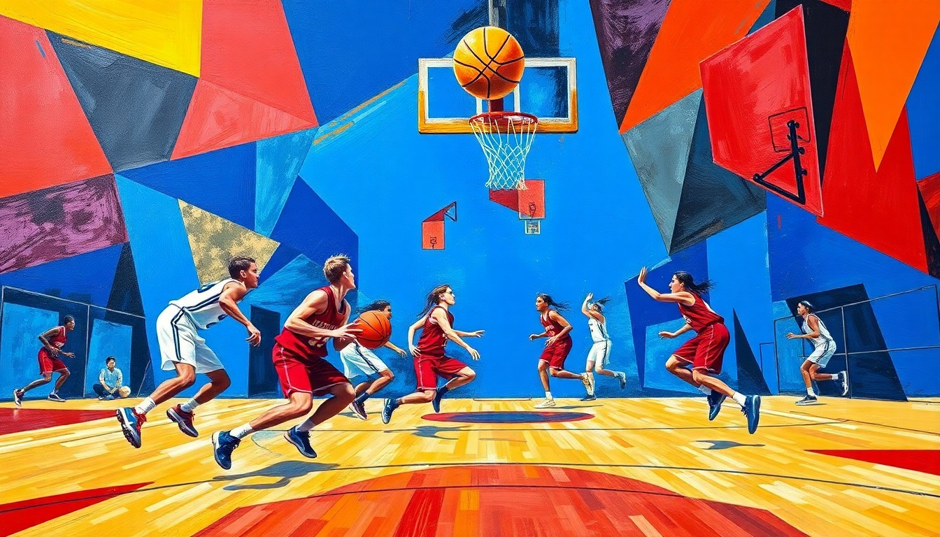 A fragmented, geometric painting in bold primary colors depicting the fluid movements and trajectory of a basketball game, conceptually representing the all-around brilliance of a high school basketball star.