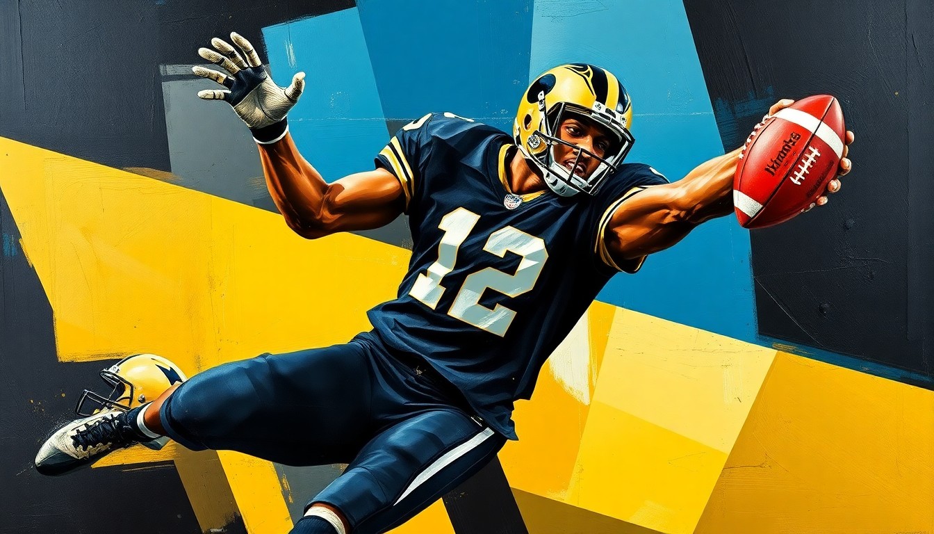 A fragmented, geometric painting depicting the dynamic motion and physical struggle of a football player reaching to make a catch, with sharp planes of black, gold, and steel blue creating a sense of energy and intensity.