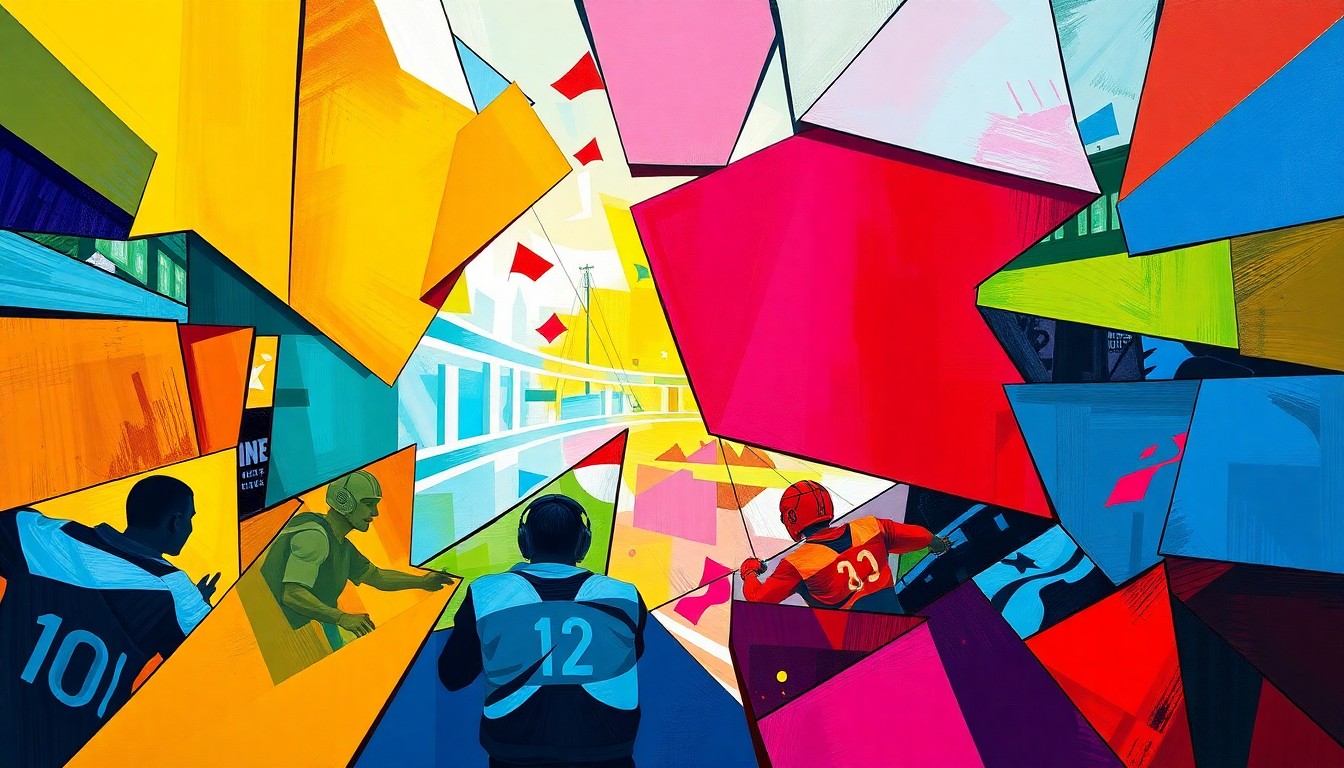 A fragmented, geometric painting in bold, vibrant colors representing high school esports competition, with overlapping shapes and planes capturing the dynamic energy of the games.