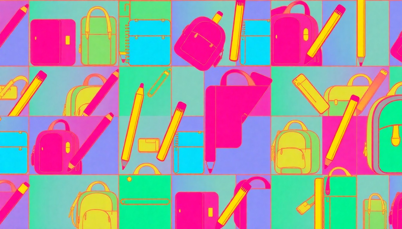 A brightly colored, high-contrast silkscreen print of a single, iconic school supply item such as a pencil or notebook, repeated in a tight grid pattern with flat, vibrant, and unnatural neon color palettes overlapping with heavy black photographic outlines, conceptually representing the transformative impact of Northgate School's special education programs.