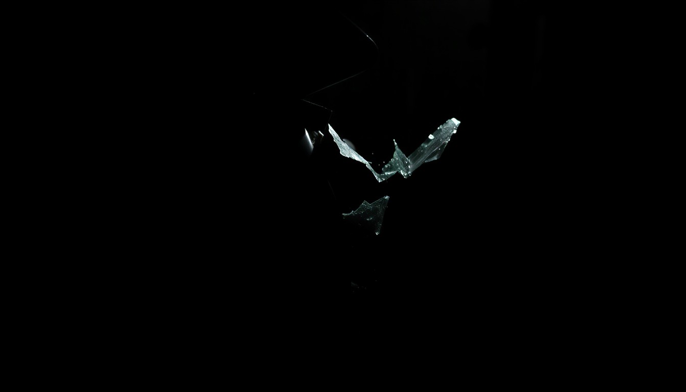 An extreme close-up photograph of a car's crumpled side panel and broken glass, conveying the aftermath of a serious crash through a stark, gritty, investigative aesthetic.