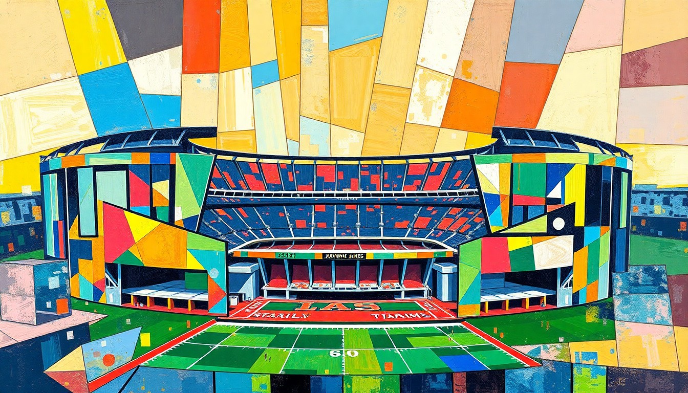 A fractured, cubist-style painting depicting the Raymond James Stadium in Tampa, Florida, broken down into sharp, overlapping geometric shapes and planes of color, representing the tension between tradition and progress in the NFL's stadium upgrade plans.