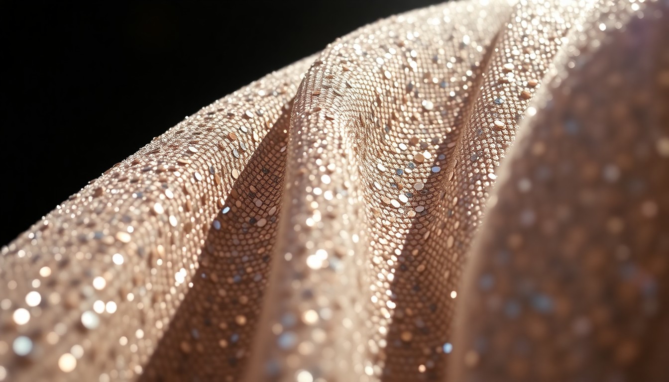 An abstract close-up photograph featuring dramatic, high-contrast lighting on luxurious, glittering fabric textures, conceptually representing the glamour and energy of a major live music performance.