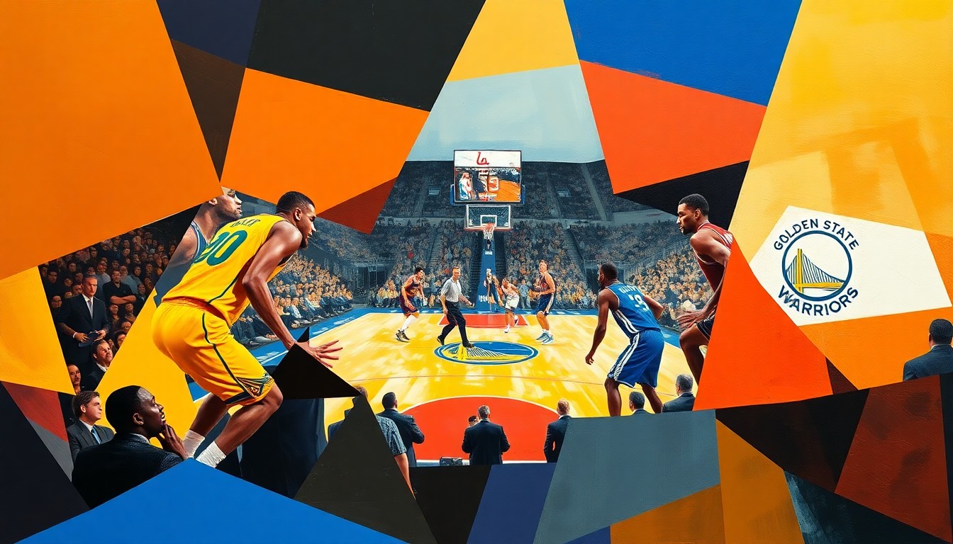 A fractured, geometric painting depicting an abstracted basketball game, with the players' forms broken down into sharp, overlapping planes of color and shape.