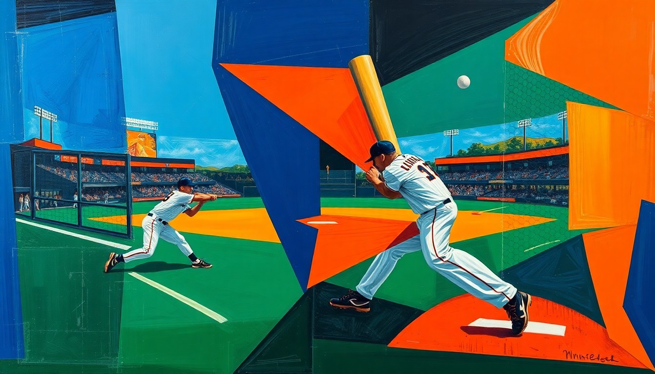A cubist-style painting featuring sharp, overlapping geometric shapes and planes in navy, orange, and green, capturing the dynamic motion and energy of a baseball player in action.