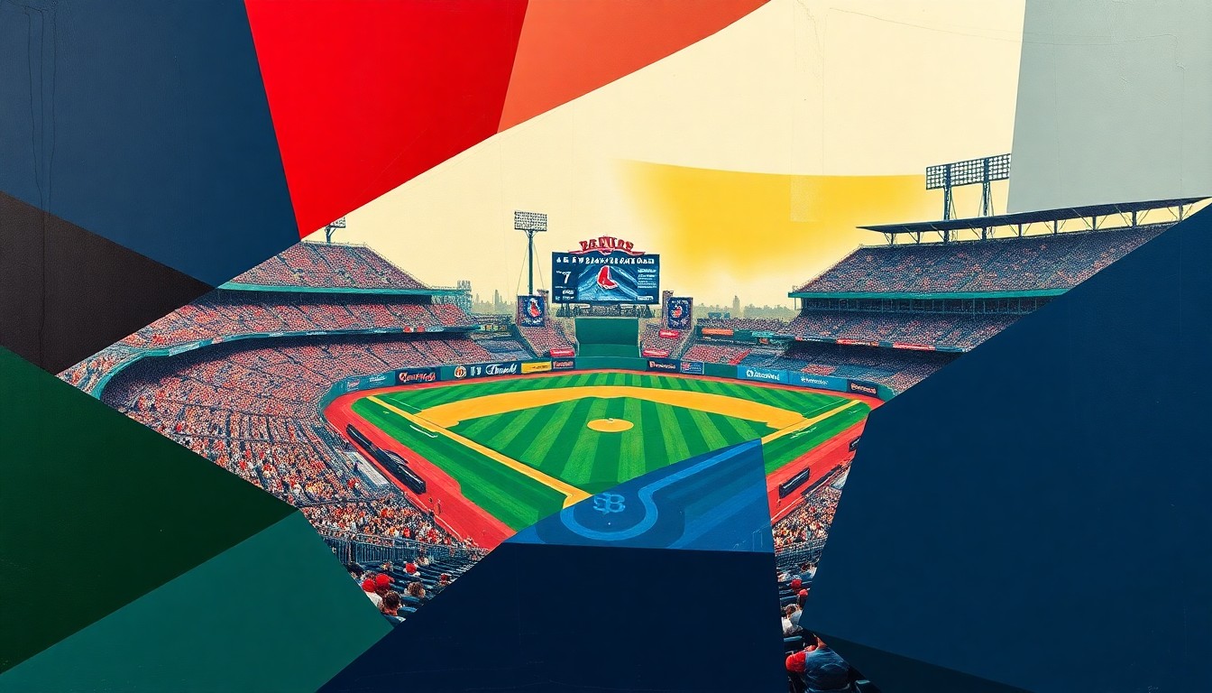 A fragmented, geometric painting in bold blues, reds, and greens, depicting the dynamic action and competing forces of a baseball game between two teams.