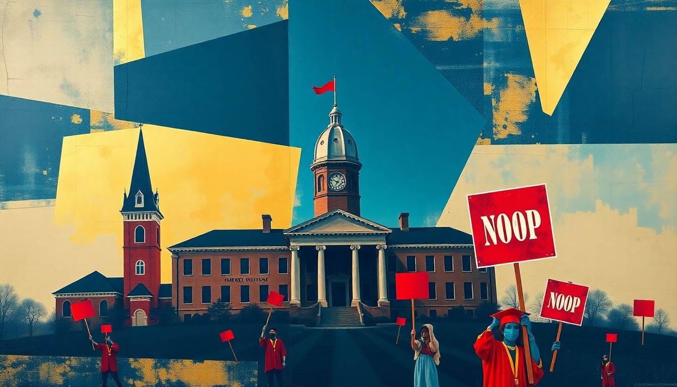 An abstract, fragmented painting in bold colors depicting overlapping geometric shapes and forms representing university buildings, academic symbols, and protest imagery, conceptually illustrating the complex issues at the heart of the federal investigations into Harvard.