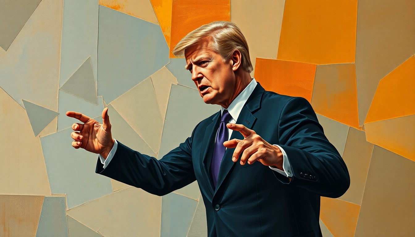 A fragmented, abstract painting in warm earth tones and muted blues, depicting a faceless political figure in a suit making an exaggerated gesture, conveying a sense of frustrated political posturing.