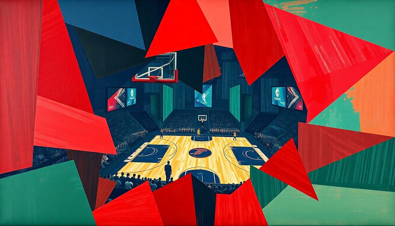 A cubist-style painting depicting a fragmented, geometric scene of a college basketball game, with sharp planes of deep red, navy blue, and forest green colors.