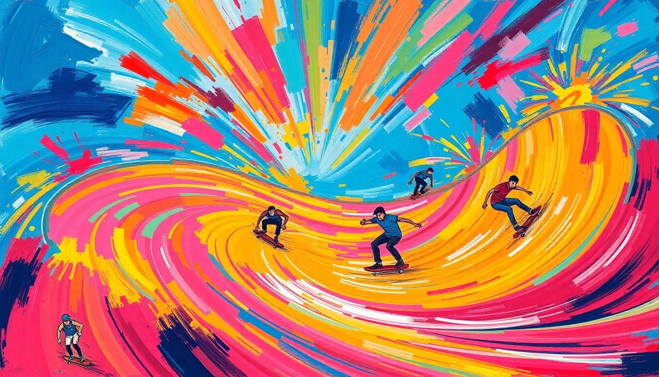 An abstract, expressionist painting featuring bold, neon-colored brushstrokes that convey the dynamic movement and curves of skaters riding the winding Snake Run skate park.