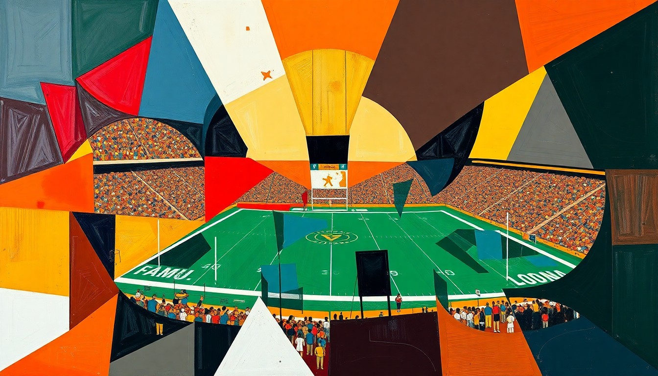 A cubist, geometric painting depicting a college football game, with overlapping planes of color representing the players, field, and spectators, conveying the complexity and tension inherent in the academic and athletic demands placed on student-athletes.